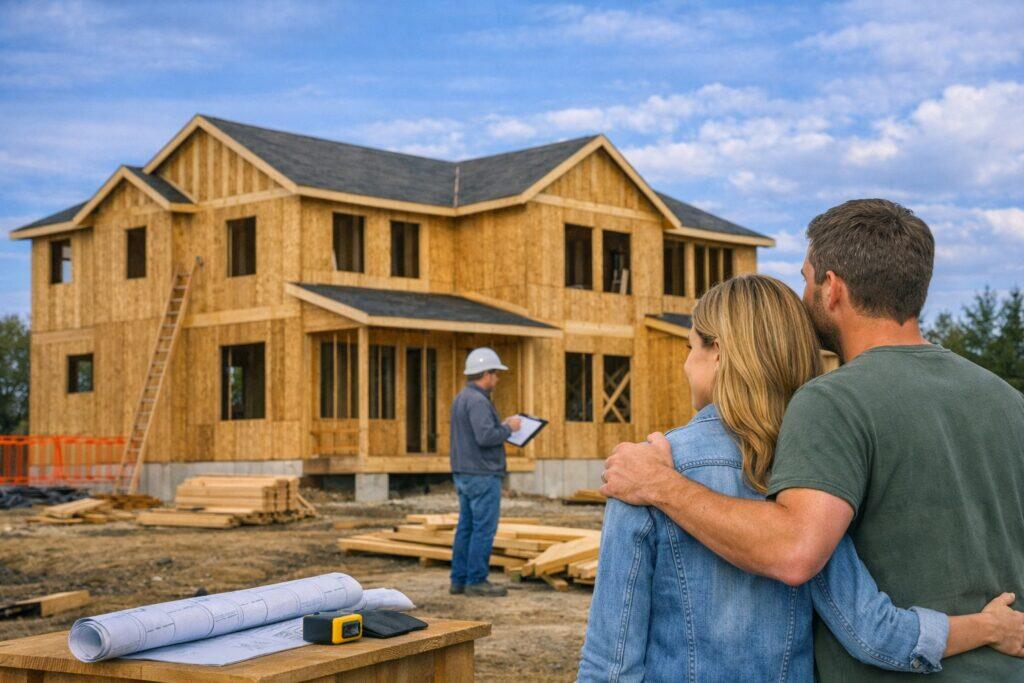 Couple observing house construction progress.