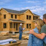 Couple observing house construction progress.