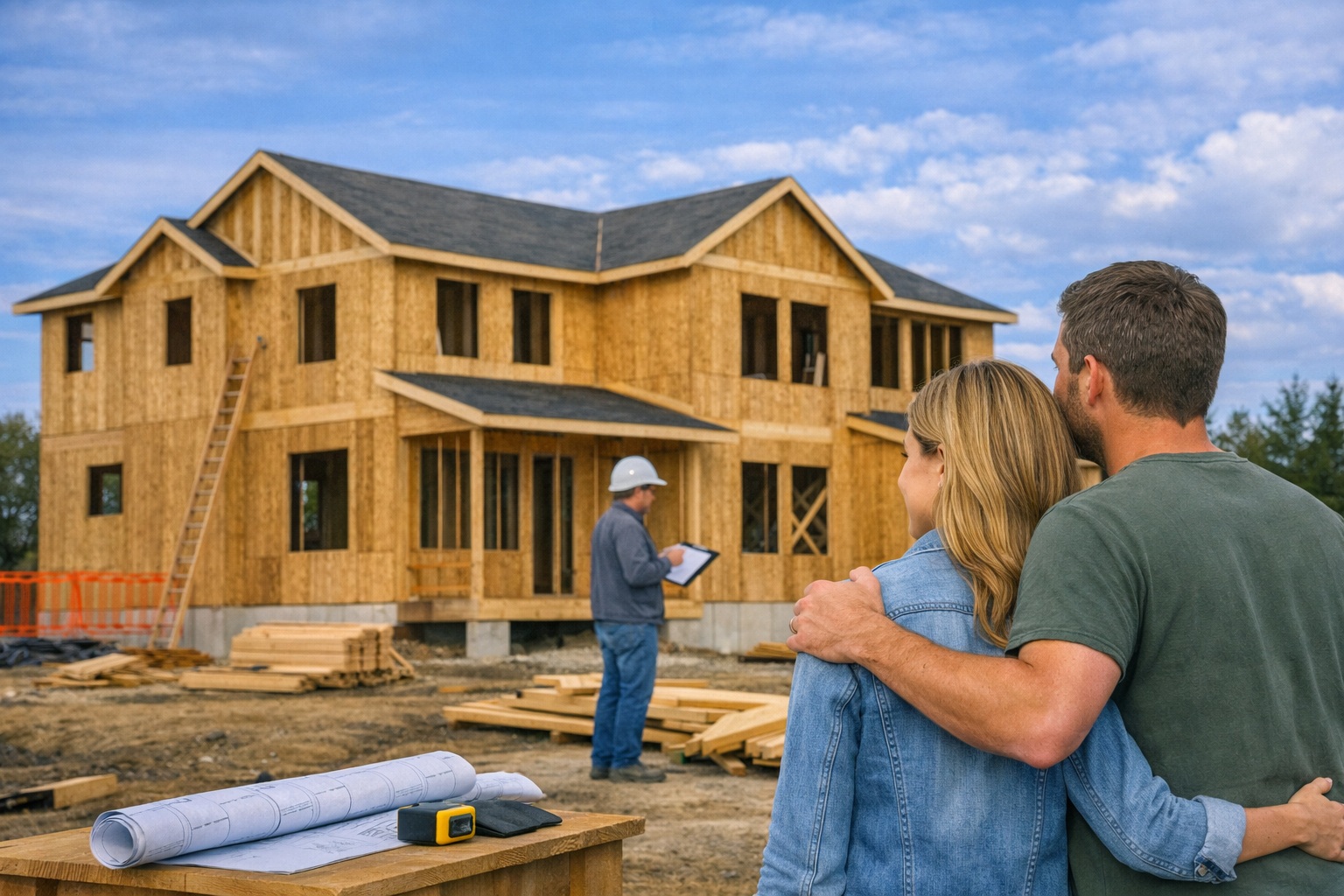 Couple observing house construction progress.