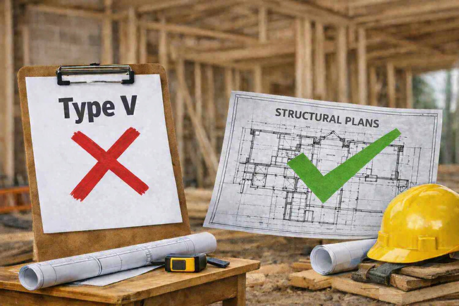 Structural plans and Type-V sheet at a construction site