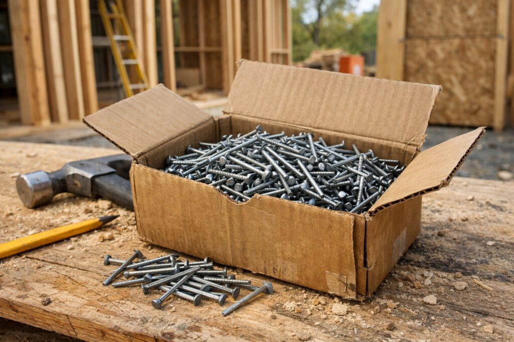 Box of nails on a workbench