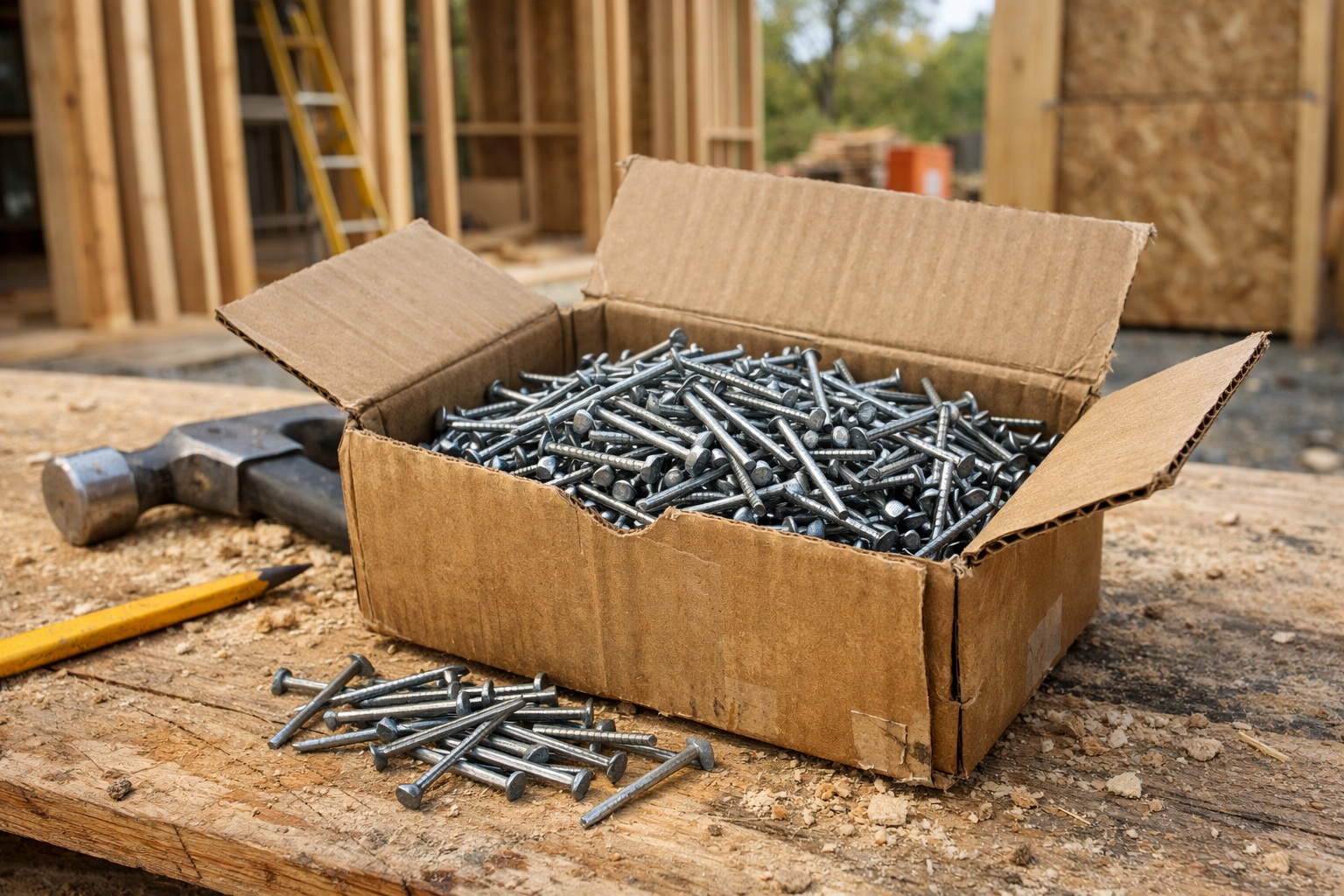 Box of nails on a workbench