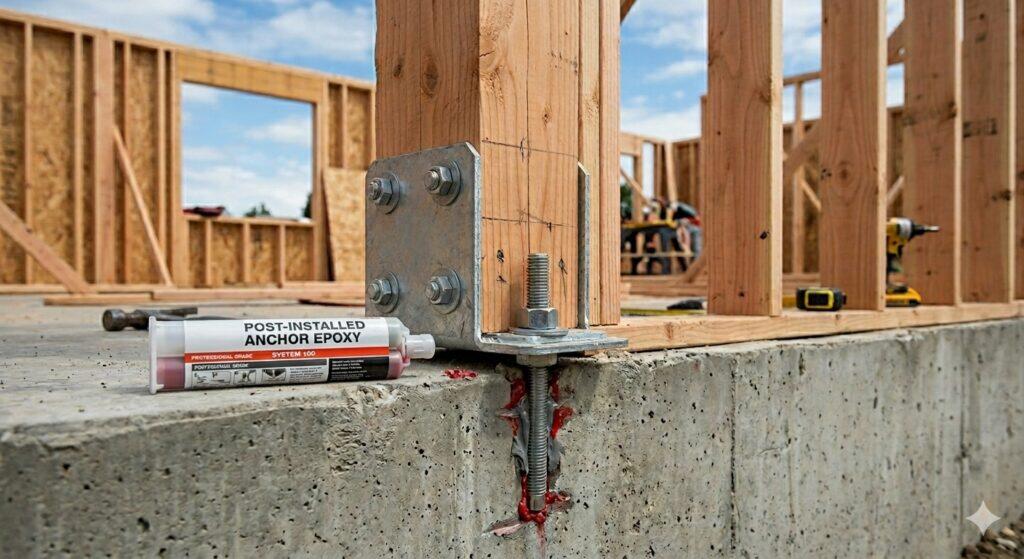 Construction site with an epoxy anchor tube for holdown installation