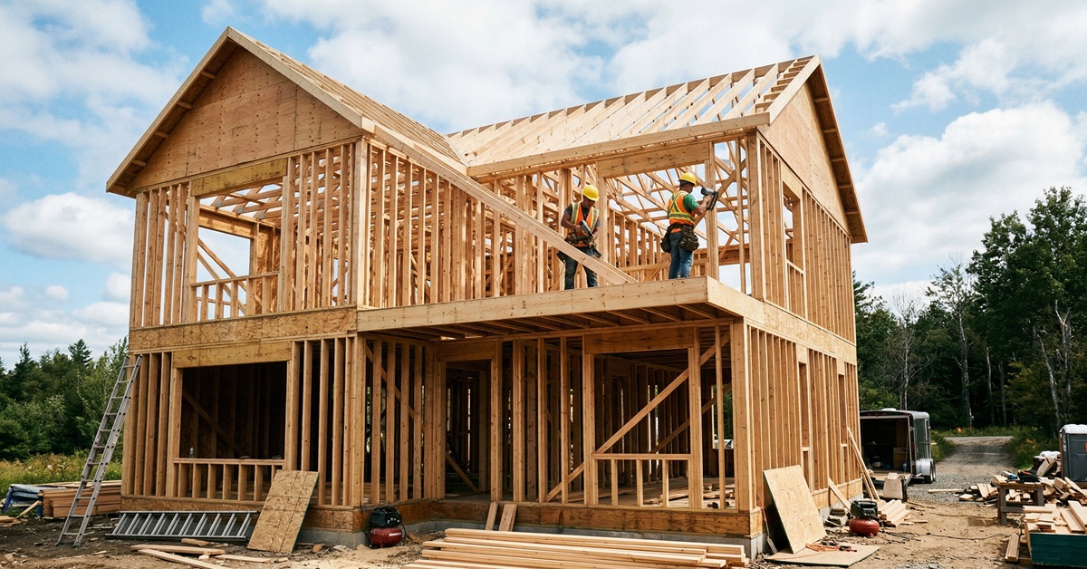 Wooden house under construction in framing stage
