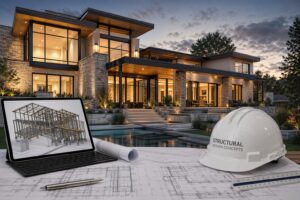 Modern house with structural engineering plans.