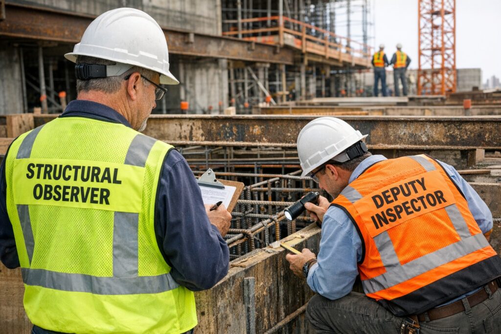 Construction site with deputy inspector and structural observer.