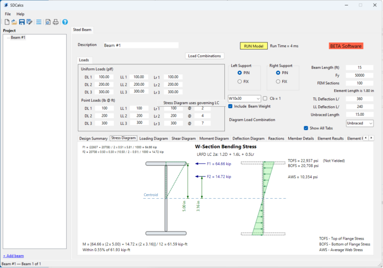 SDCalcs software screen showing beam design results and W-section bending stress diagram
